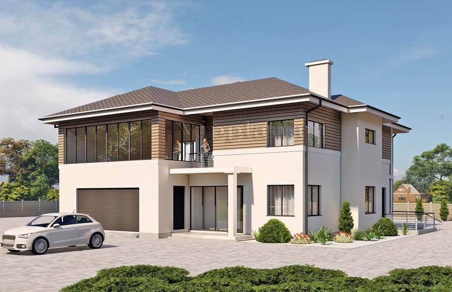 Двухэтажный дом с просторной гостиной и зимним садом.