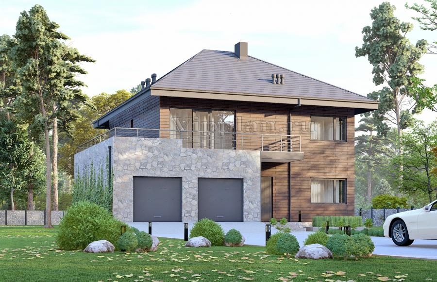 Проект двухэтажного жилого дома с гаражом и террасами